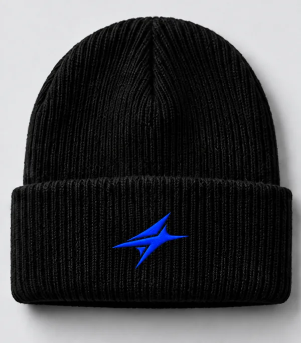 Black ribbed beanie concept with a blue spark embroidered on the cuff