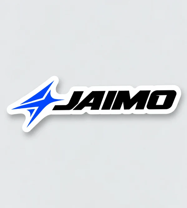 JAIMO wordmark and blue spark on a white die-cut sticker concept